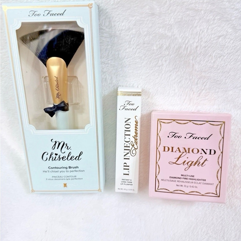 Too Faced Diamond Light Highlighter, Lip Injection, & Brush BUNDLE ~ NEW
